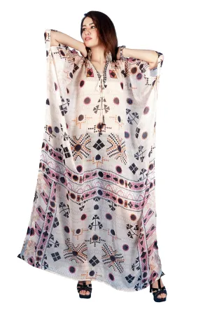 Lace Up Centre front digitally printed Ethnic Geometric Print over Pure Silk Kaftan of full length and styled side splits Luxe beach kaftan