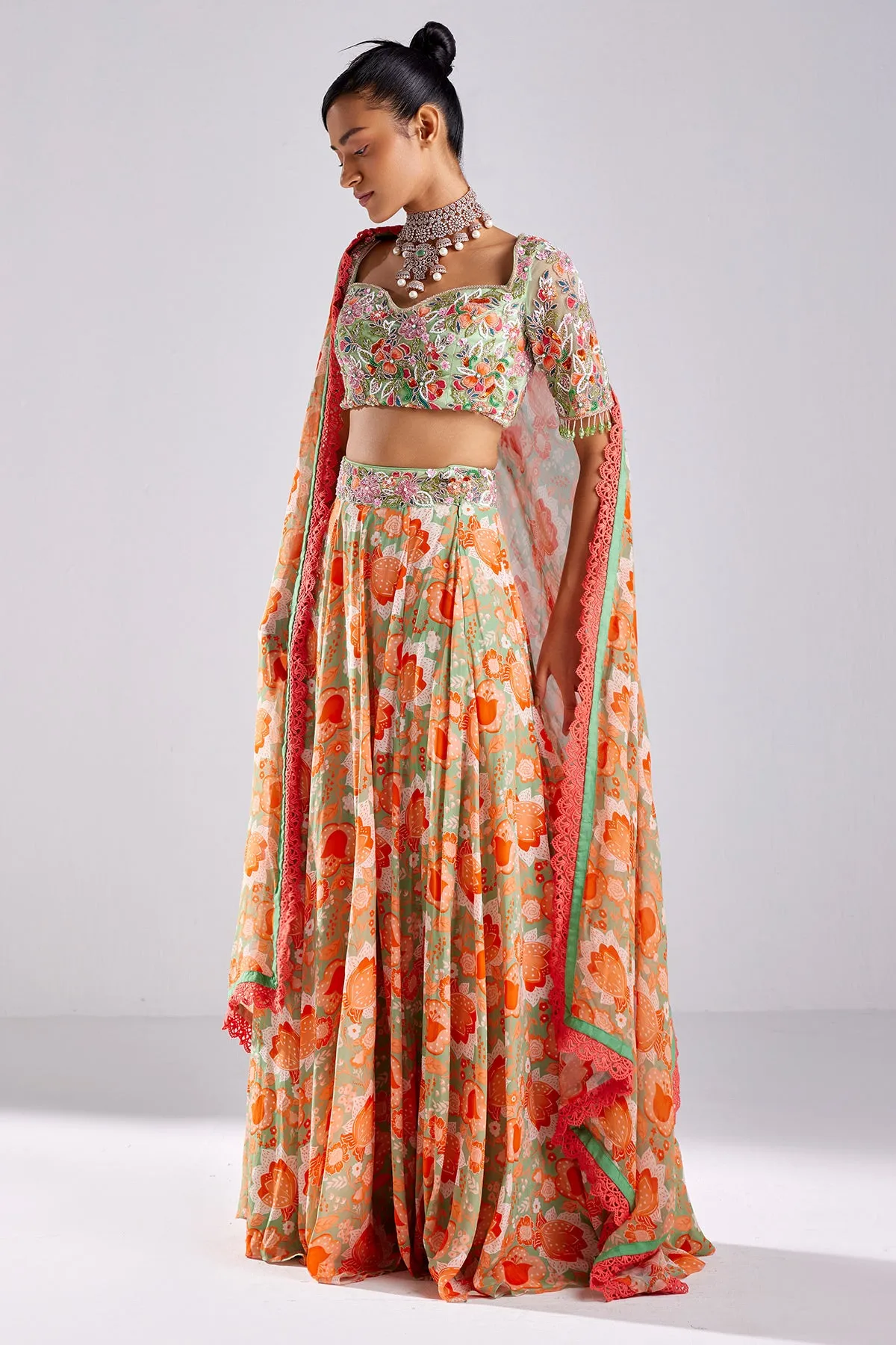 Mint Green  Print & Emboidered Lehenga Set