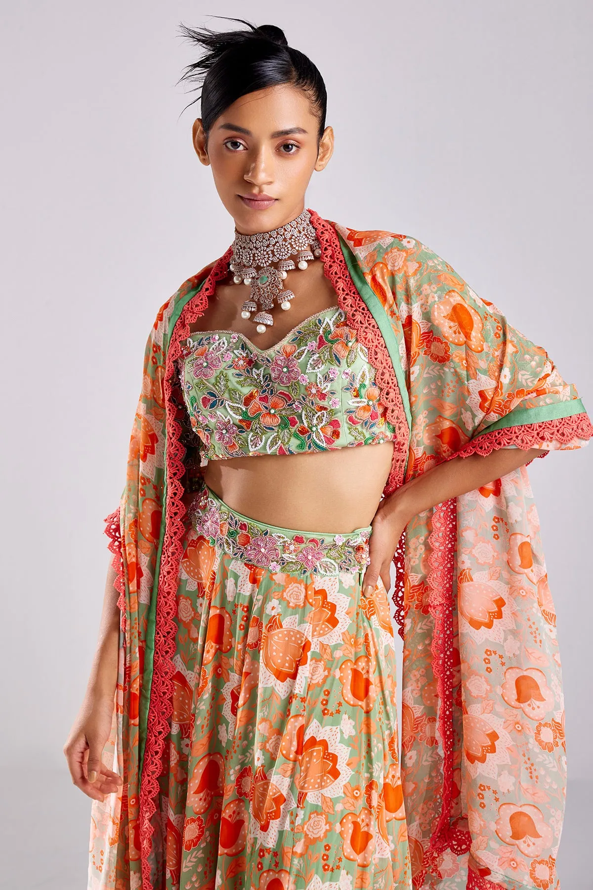 Mint Green  Print & Emboidered Lehenga Set