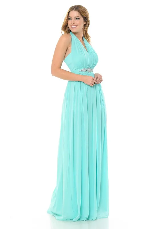 Mint Halter Ruched Embellished Kakao Long Formal Dress