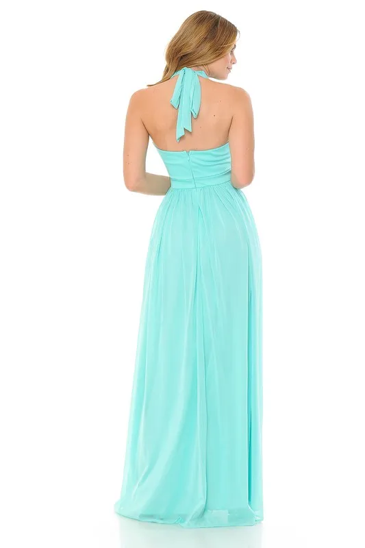 Mint Halter Ruched Embellished Kakao Long Formal Dress