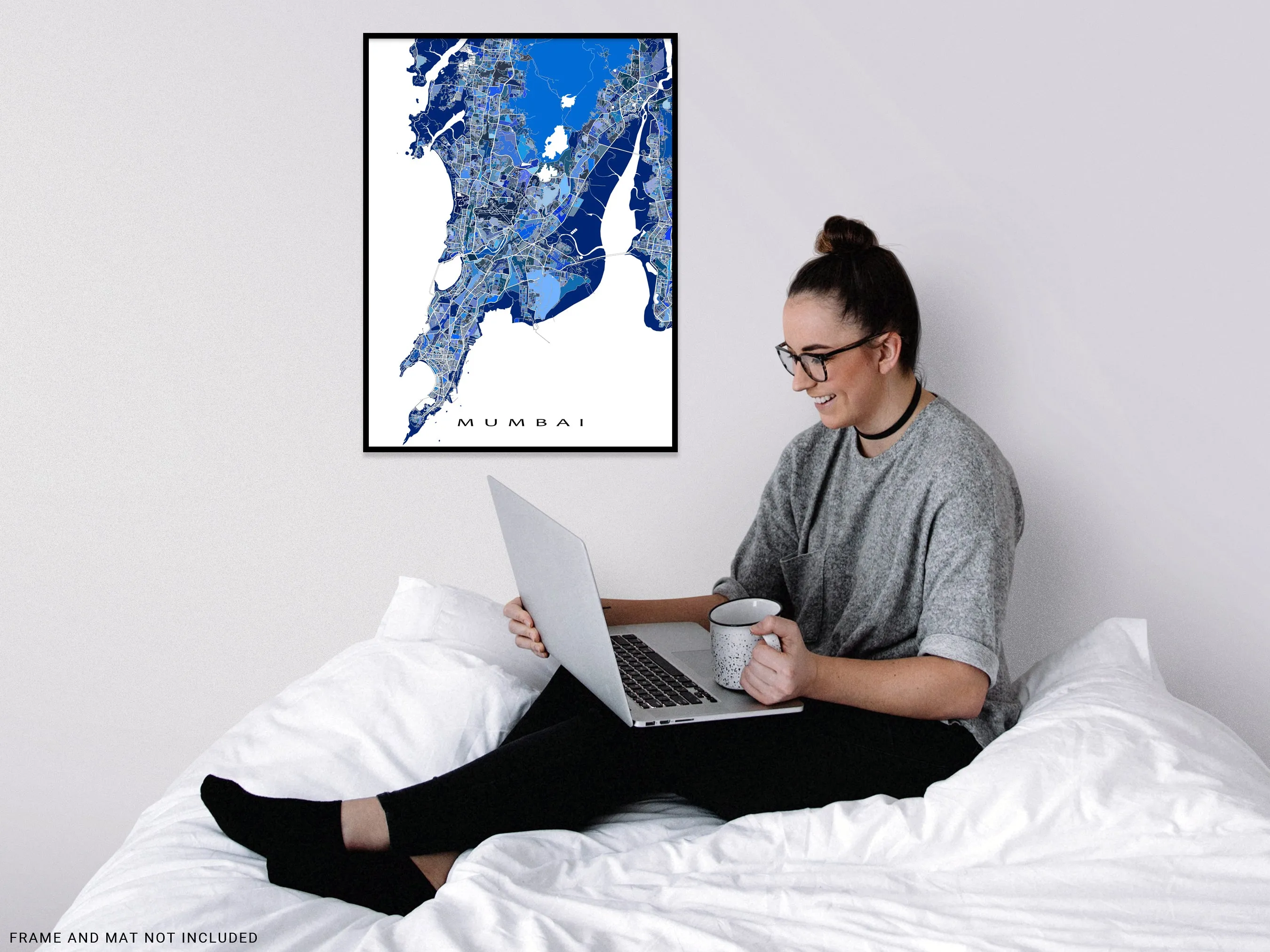 Mumbai Map Print, Blue Geometric Mumbai India Wall Art Poster, Bombay