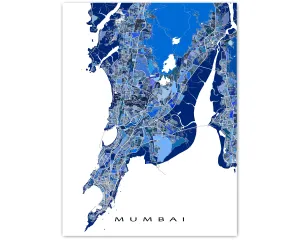 Mumbai Map Print, Blue Geometric Mumbai India Wall Art Poster, Bombay