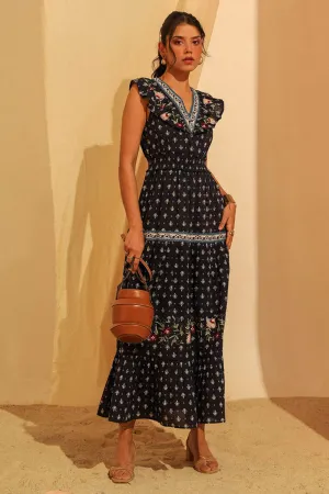 Navy Embroidered Printed Dress
