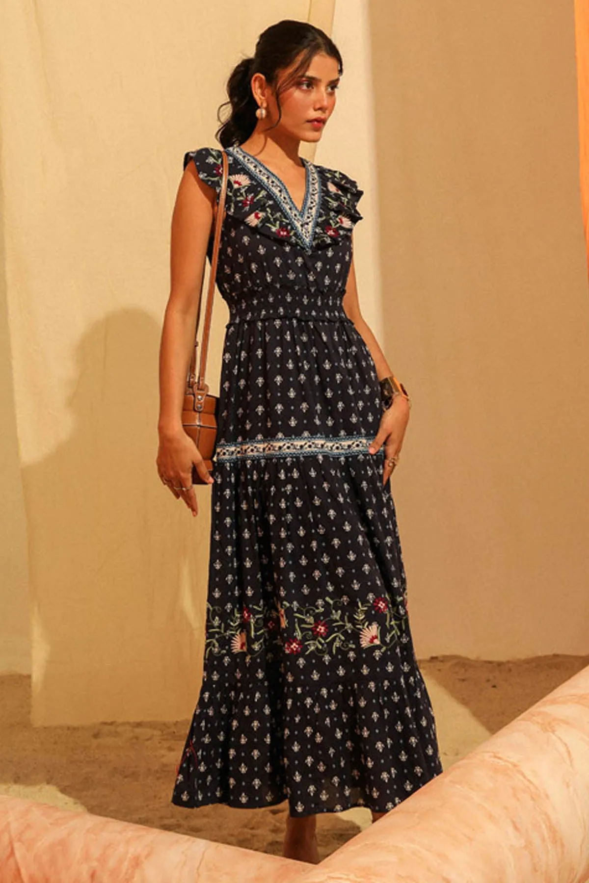 Navy Embroidered Printed Dress