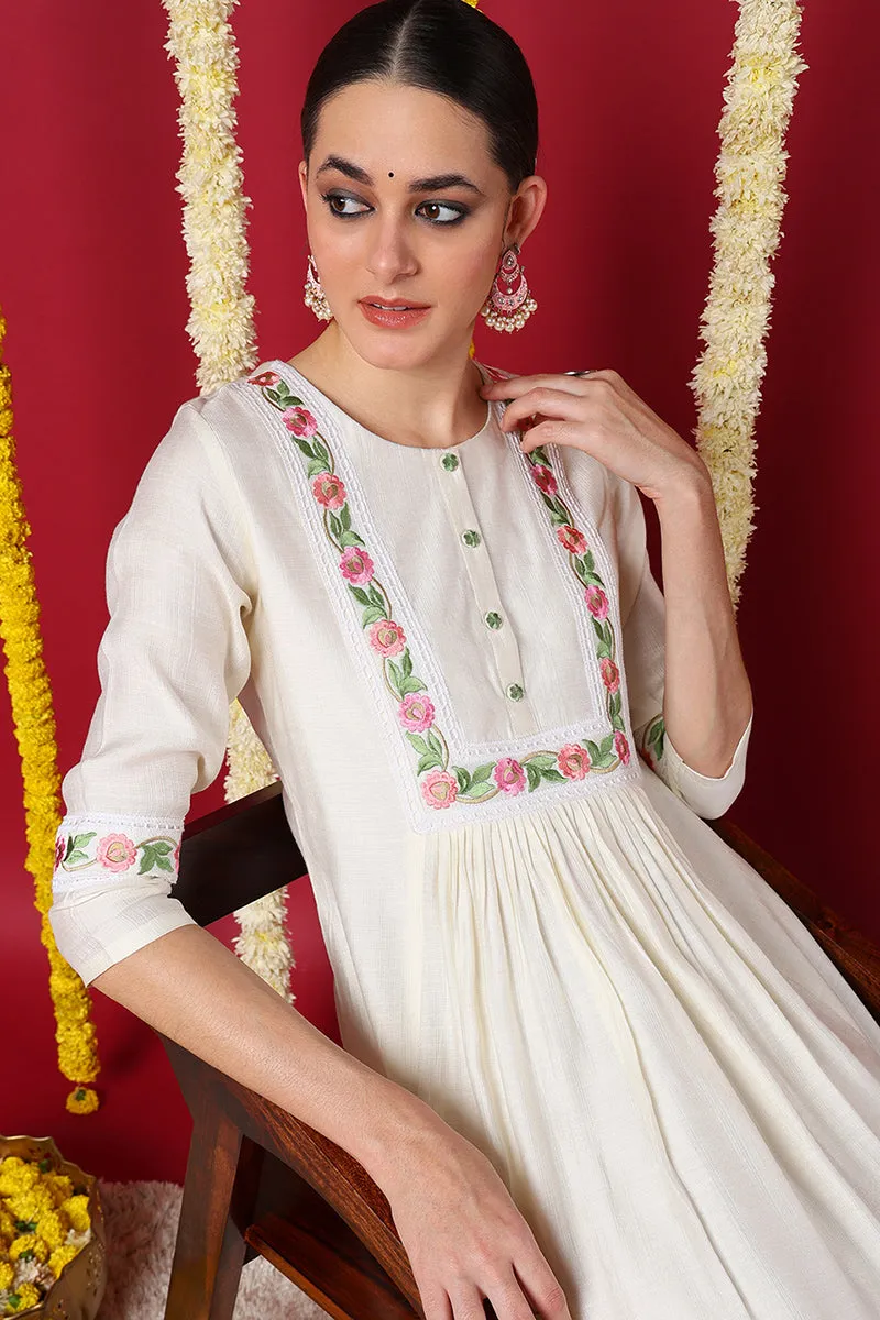 Off White Silk Blend Solid Embroidered Flared Kurta