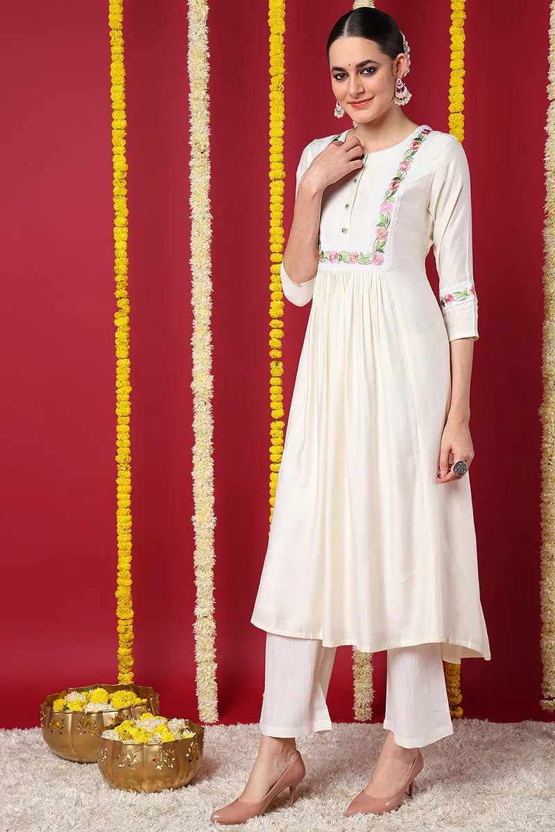 Off White Silk Blend Solid Embroidered Flared Kurta
