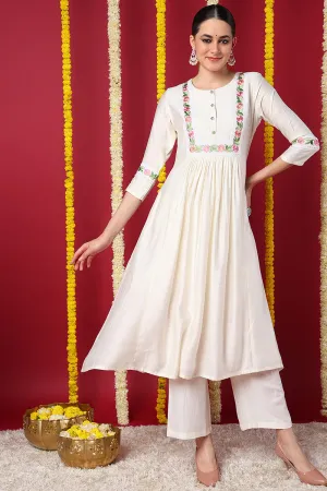 Off White Silk Blend Solid Embroidered Flared Kurta