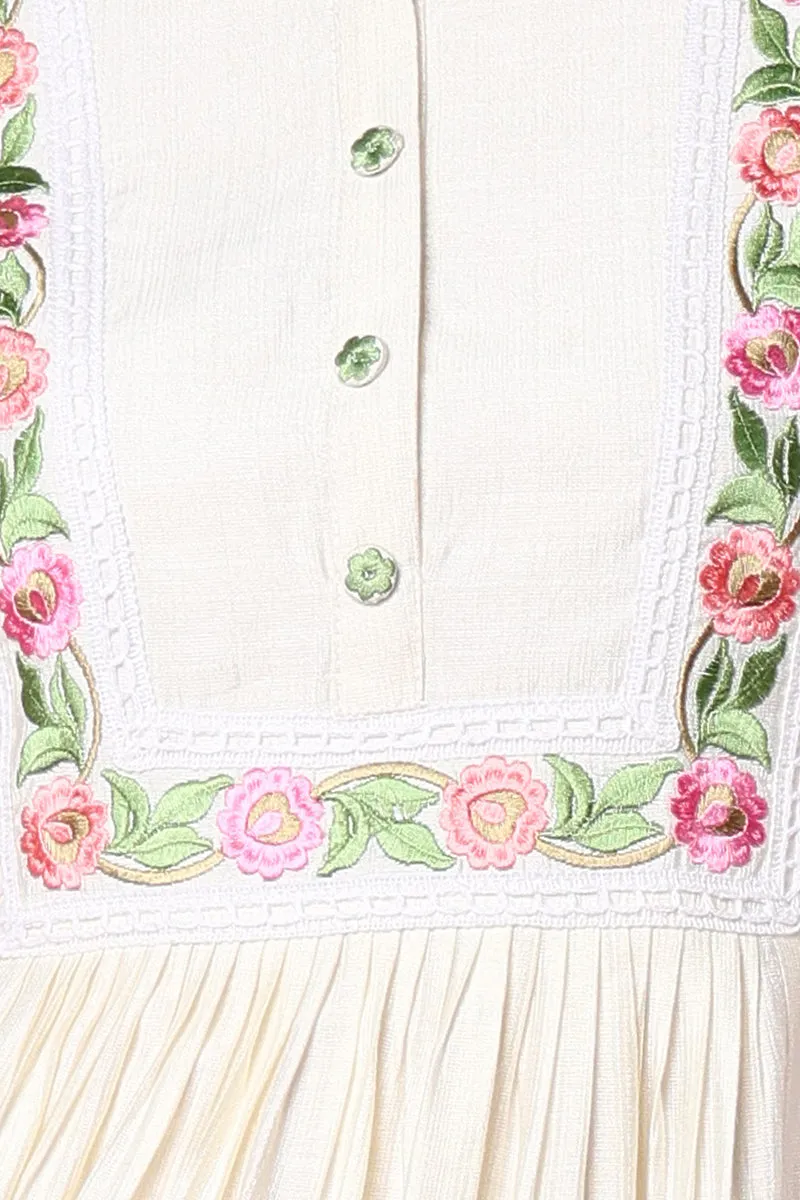 Off White Silk Blend Solid Embroidered Flared Kurta