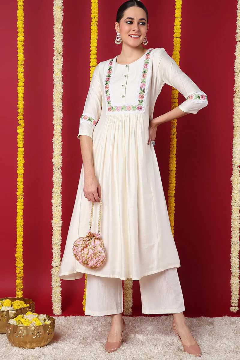 Off White Silk Blend Solid Embroidered Flared Kurta