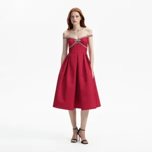 Red Textured Diamante Midi Dress