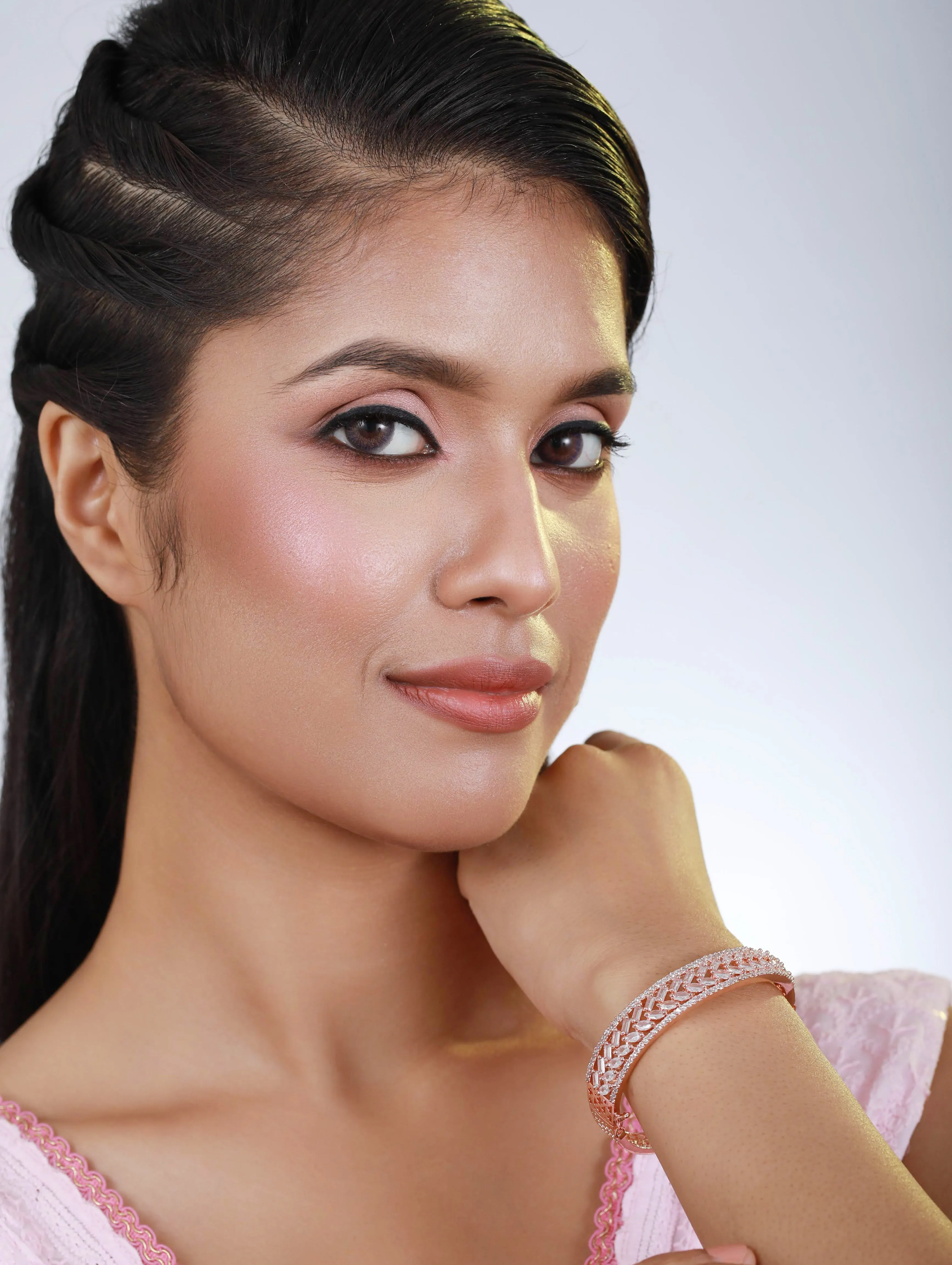 Rose Gold-Plated American Diamond Studded Handcrafted Bangle-Style Bracelet