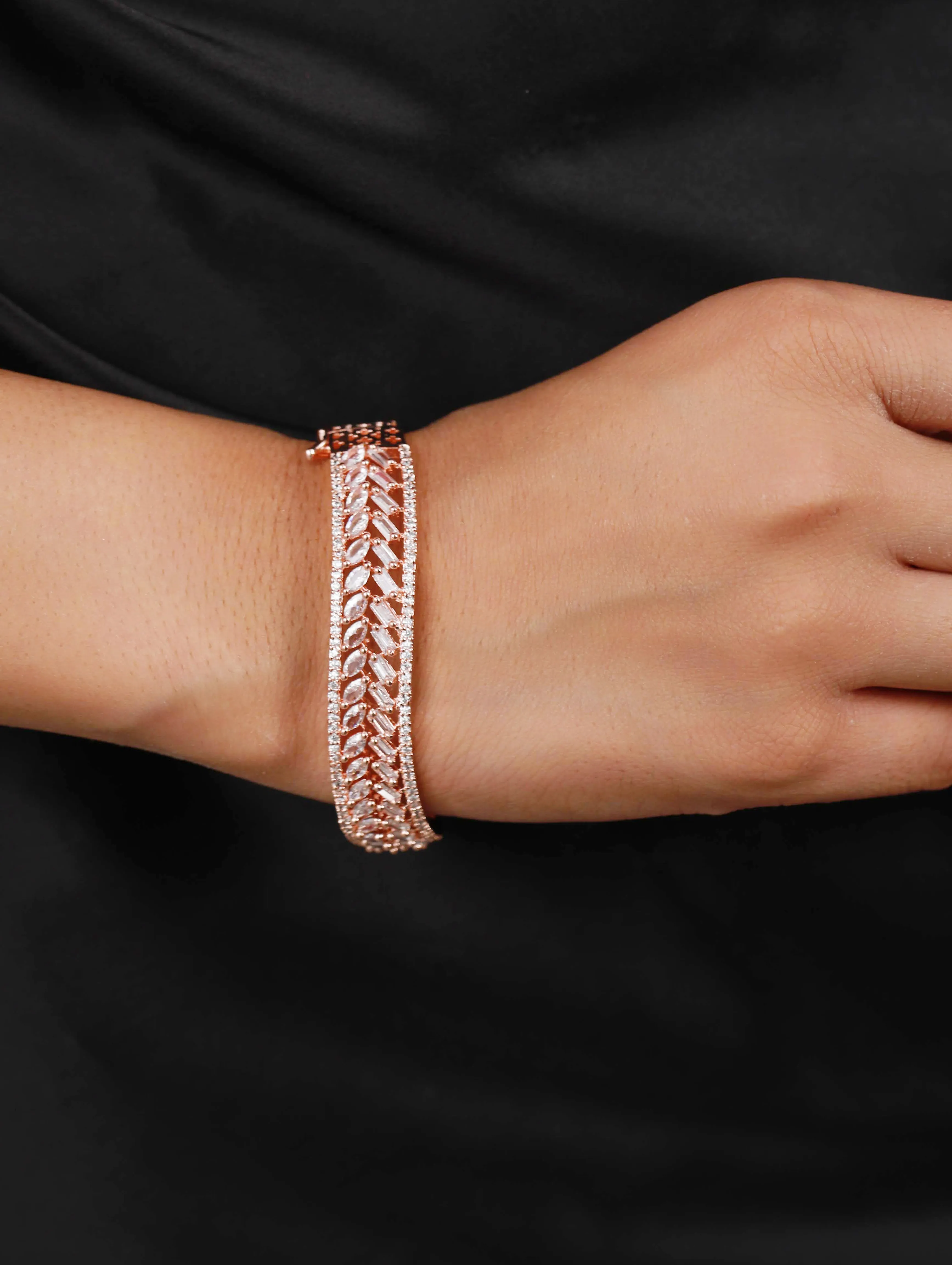 Rose Gold-Plated American Diamond Studded Handcrafted Bangle-Style Bracelet