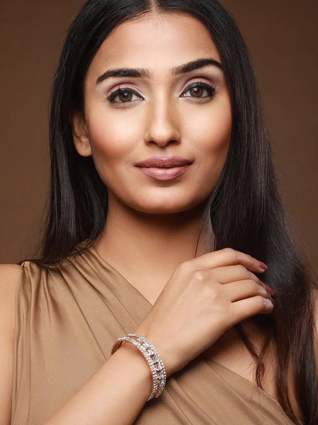 Rose Gold-Plated White Crystal Studded Cuff Bracelet