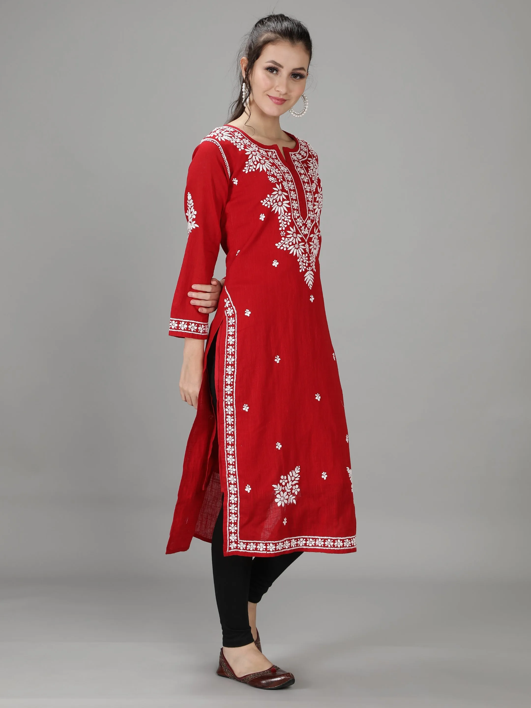 Scarlet Red Cotton Straight Chikankari Kurta