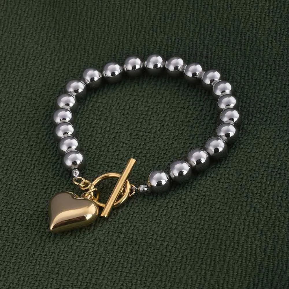 Silver Bead Bracelet with Gold Heart Charm