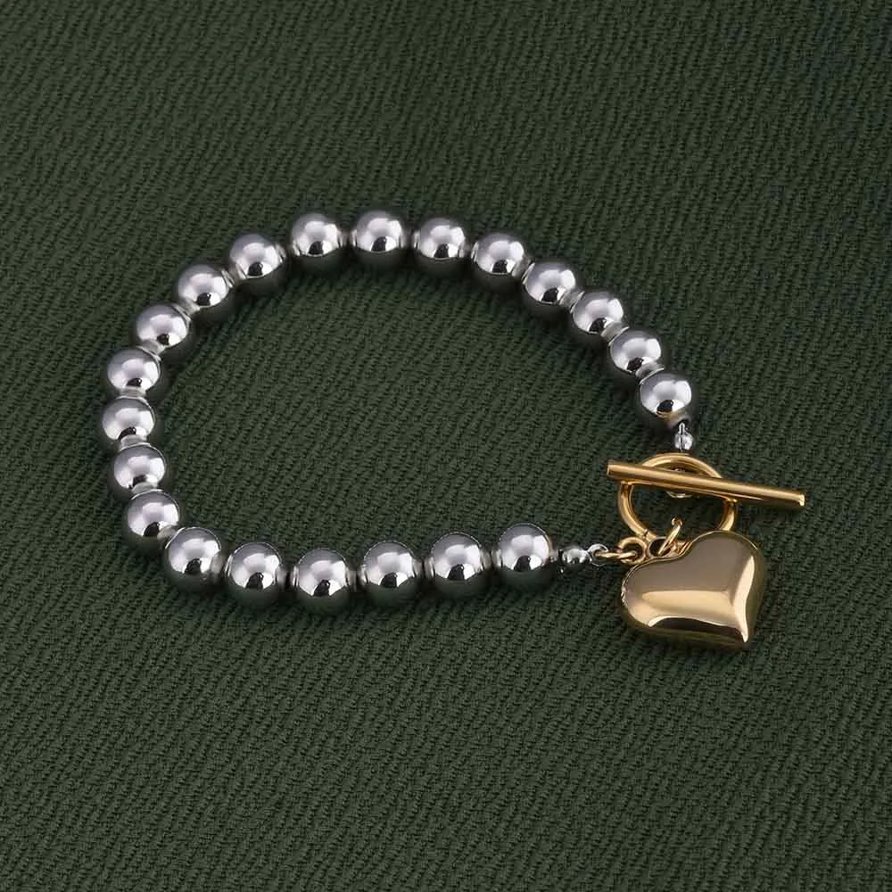 Silver Bead Bracelet with Gold Heart Charm
