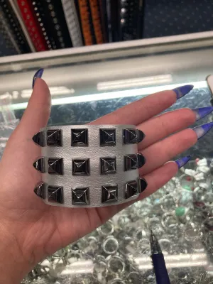 Silver Leather Bracelet w/ Three Rows of Black Pyramid Studs