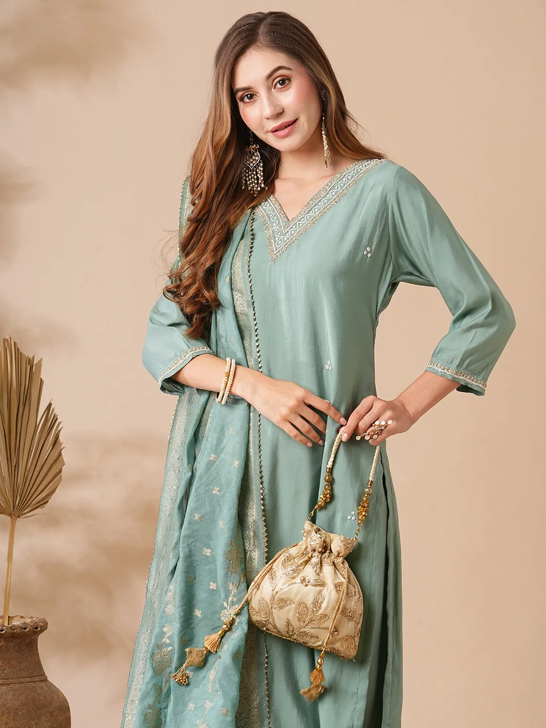 Solid Ethnic Embroidered Kurta with Pant & Woven Zari Jacquard Dupatta - Mint Green