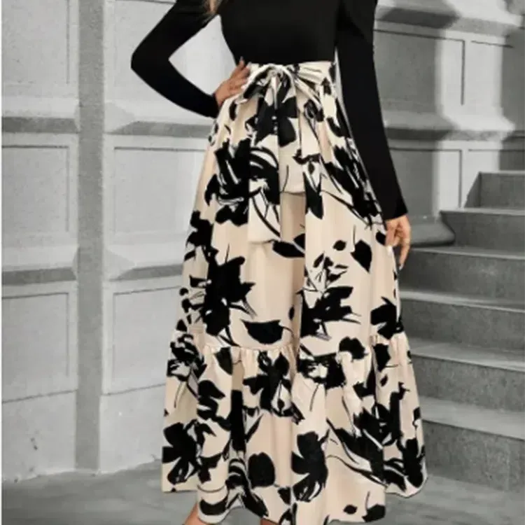 Stylish Color Block Dresses Women Round Neck Long Sleeve A Line Floral Printed Party Dress