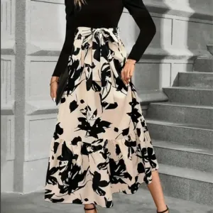 Stylish Color Block Dresses Women Round Neck Long Sleeve A Line Floral Printed Party Dress