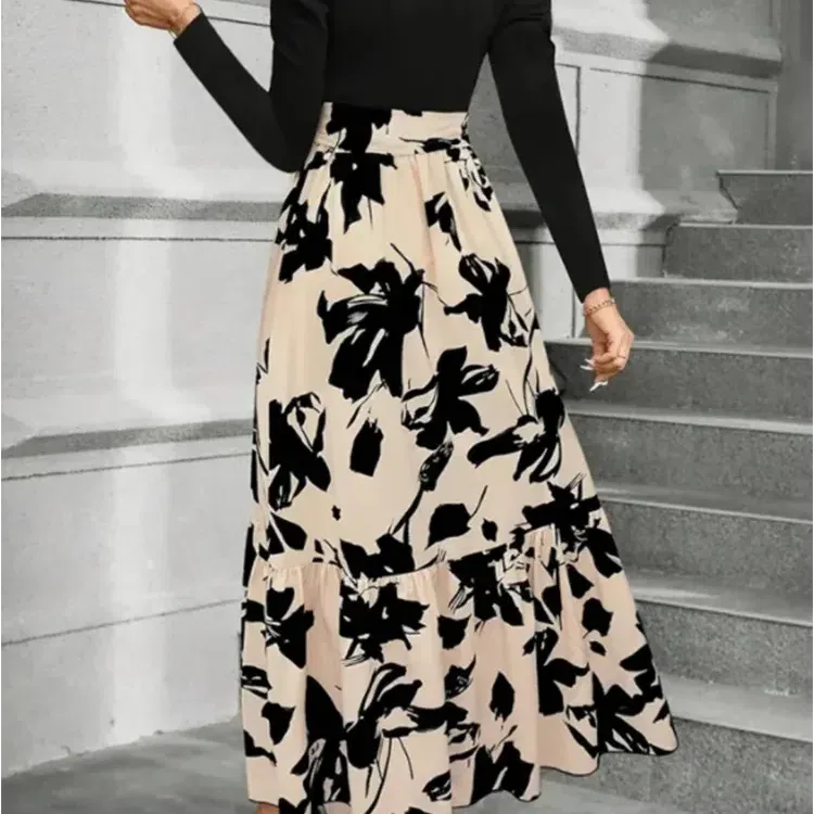 Stylish Color Block Dresses Women Round Neck Long Sleeve A Line Floral Printed Party Dress
