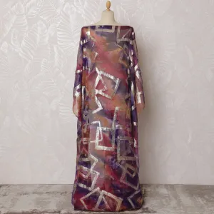 Traditional Somali Dirac Fabric in Pure Silk Chiffon with Metallic Lurex, Purple and Orange with Silver Geometric Print, 3.5 Meters, 140 cm Width-D19914