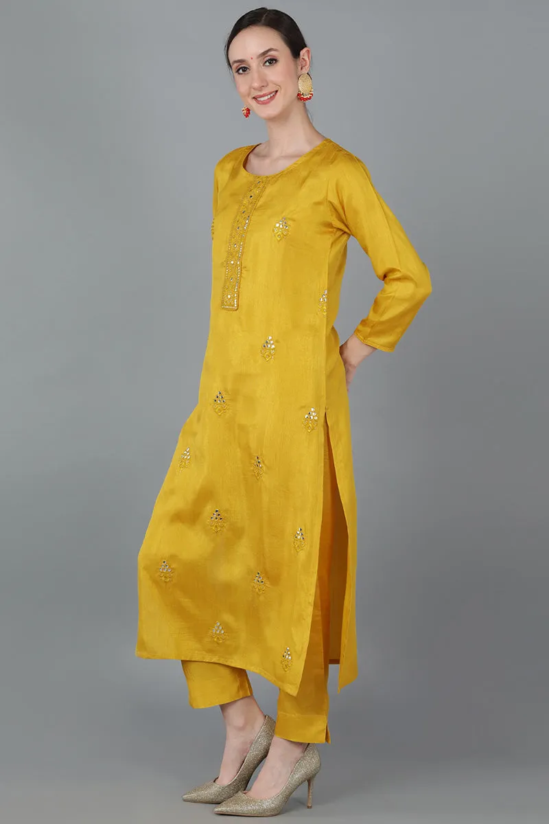 Yellow Silk Blend Solid Kurtas