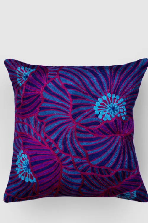 Zaina By Ctok Poppies Chainstitch Embroidered Cushion Cover - Blue & Red